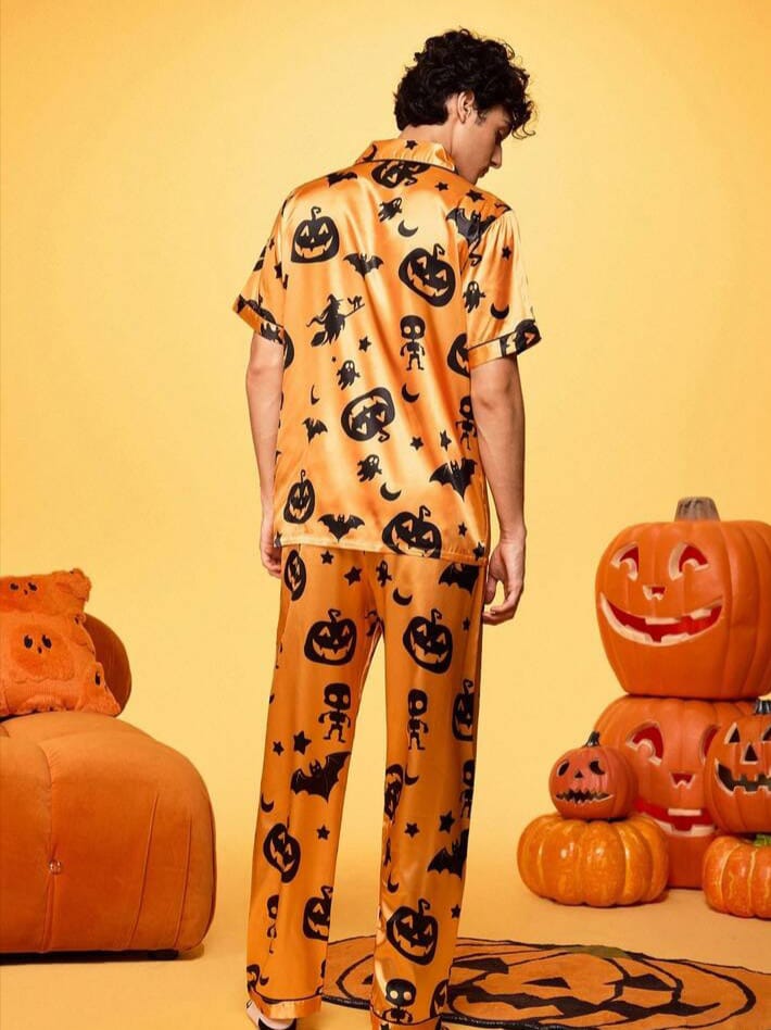 Bonga Boys Men's Halloween Print Satin Orange Pajama Sleepwear Set